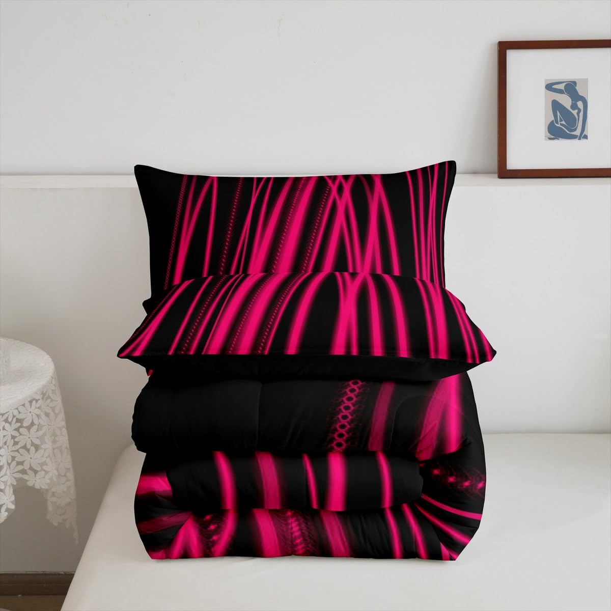 Feelyou Hot Pink Stripes Comforter Full Size Ombre Hot Pink Black Reversible Comforter Set for Boys Girls Children Abstract Bedding Set Room Decor Modern Art Duvet Set 3Pcs