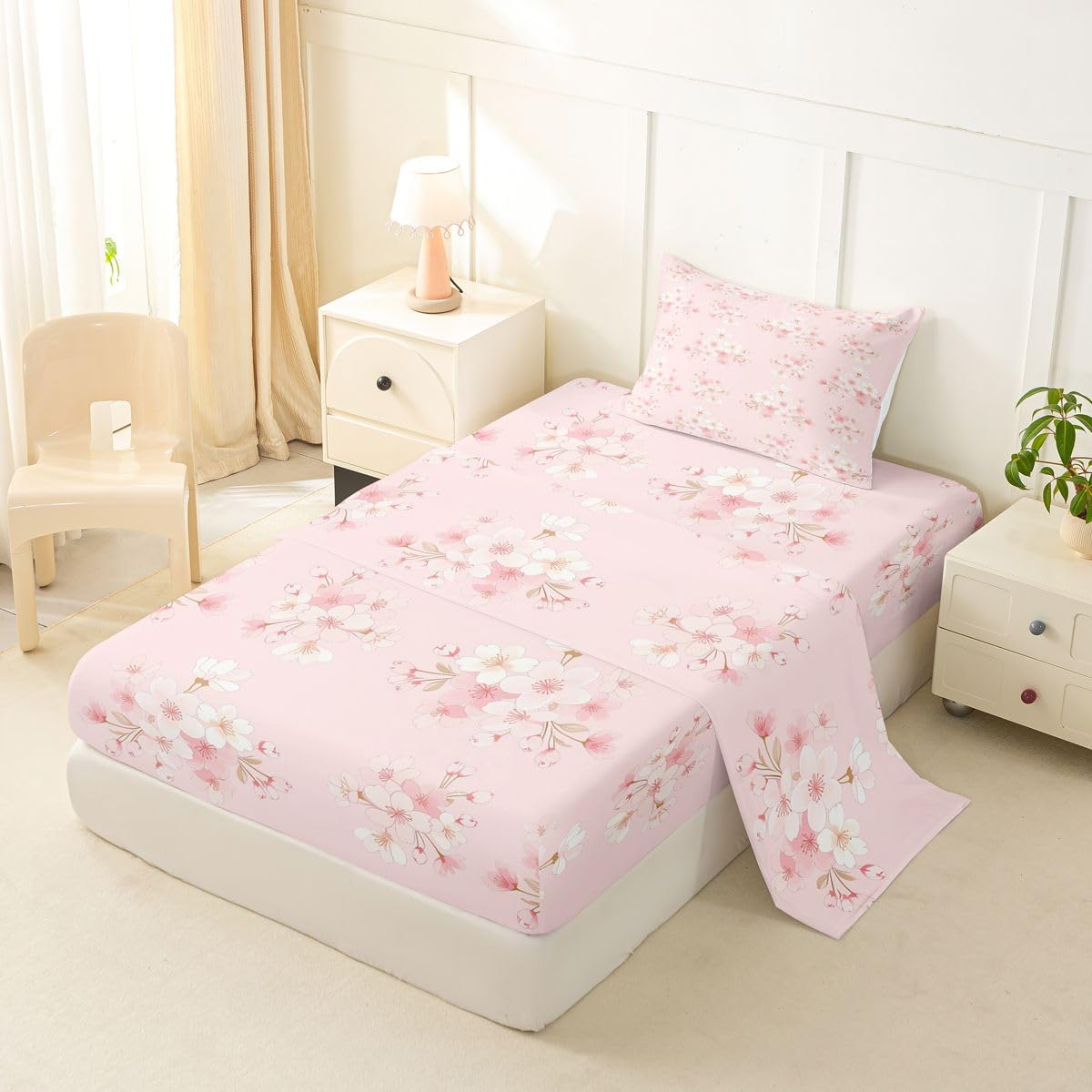 Erosebridal Cherry Blossoms Bed Sheets Set Twin Japanese Style Sheet Set Romantic Floral Leaves Sheets Pink Flower Plant Flat Fitted Sheet