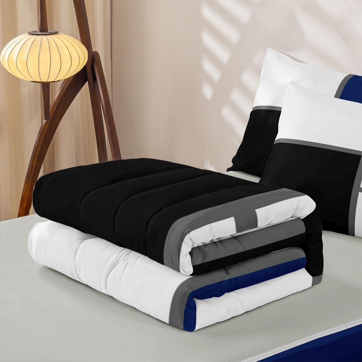 Erosebridal Geometric Abstract Zipper Bedding Set Twin Blue and White Striped Zipper Comforter Set with Sheets Square Grid Bed in a Bag Modern Art Patchwork Bed Sets with 2 Pillowcases
