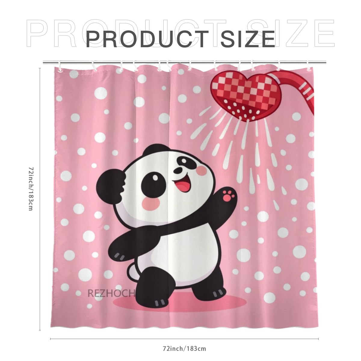 REZHOCH Cute Panda Shower Curtain 72x72Inch,Funny Cartoon Animal Pink Modern Home Bathroom Decor,Heart Showerhead Waterproof Fabric Kids Girls Farmhouse Bath Set with Hooks