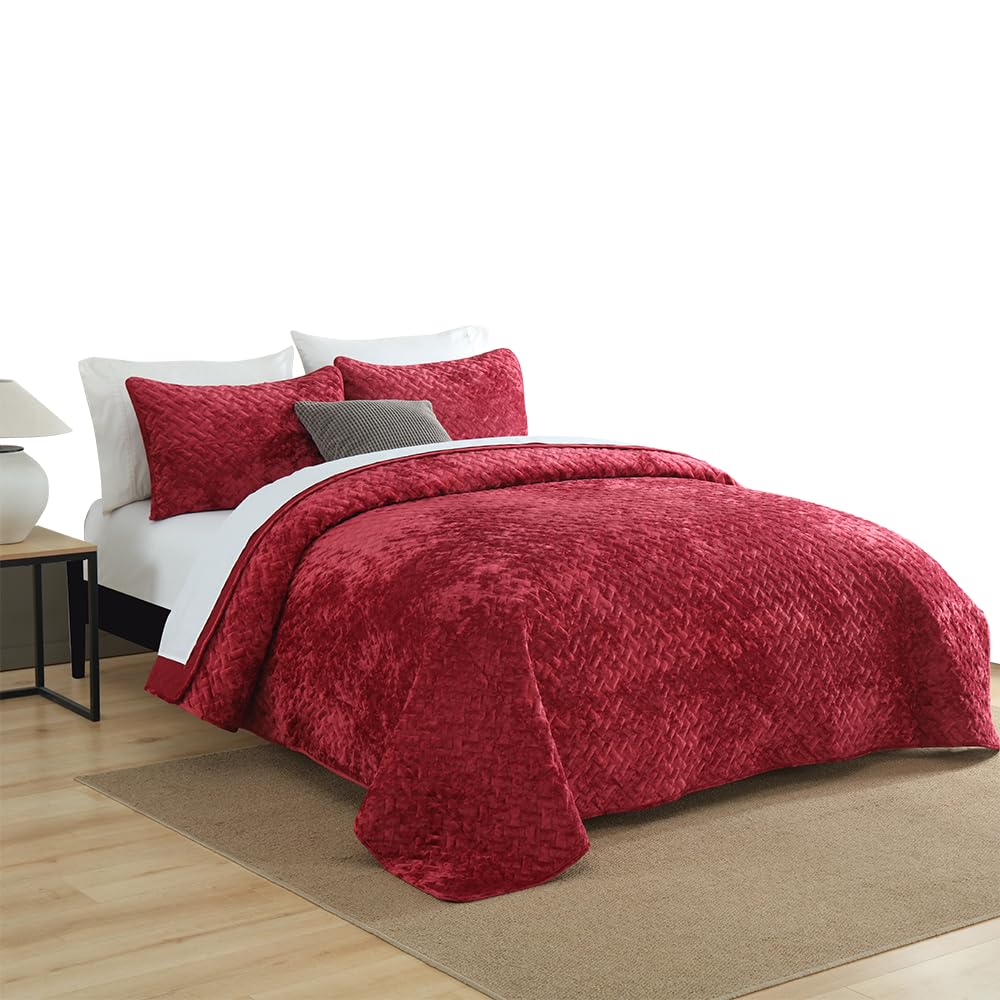 Liians Velvet Bedspread Quilt Bedding Sets,Luxury Elegant Ultra Soft Velvet Comforters Coverlet Blankets,Weave Stitching Pattern Cotton Quilted Bedspread for All Seasons,Red,King Size