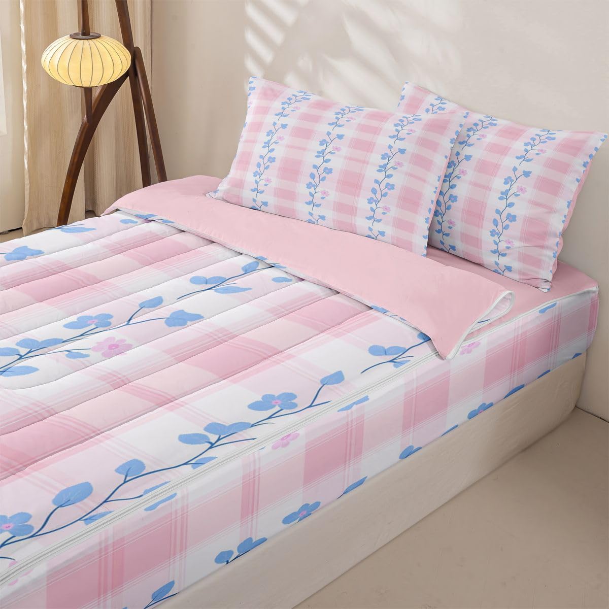 Feelyou Pink Flower Queen Zipper Bedding Set Botanical Floral Printed Kids Comforter Set with Fitted Sheet and 2 Pillowcases Natural Theme Bed in a Bag Zip Up Bedding Soft Microfiber