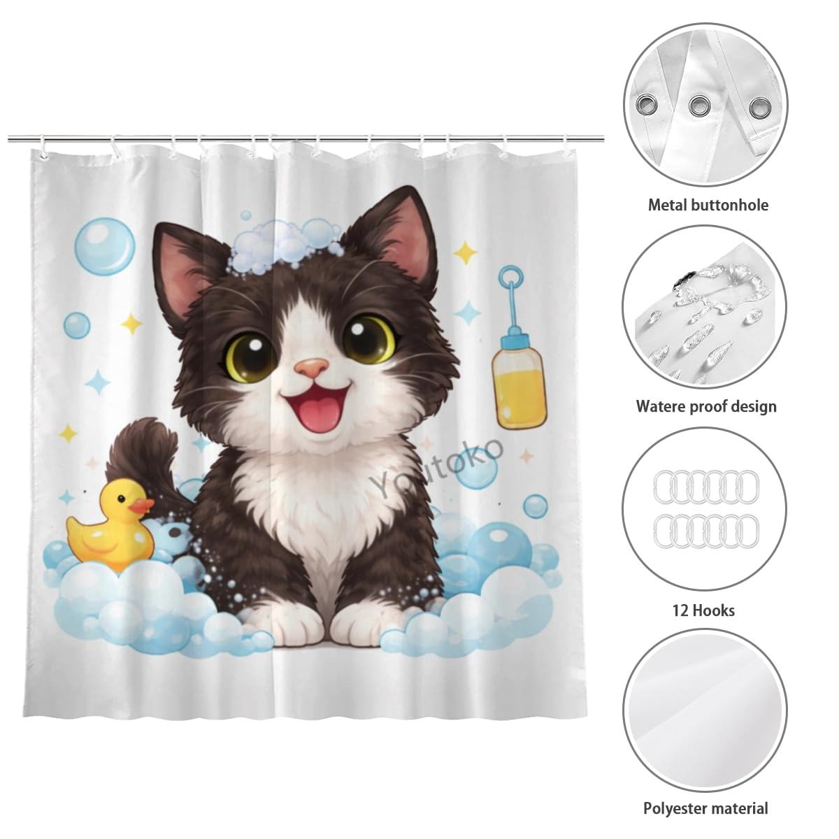 Youtoko Funny Tuxedo Cat Bathroom Decor Shower Curtain 72x72 Inch with 12 Hooks Cute Farm Animal Bubble Bath Rubber Duck Waterproof Washable Polyester