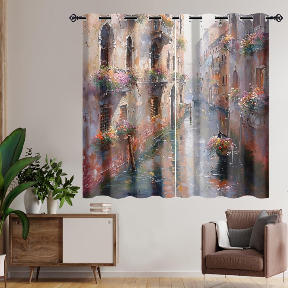 XSUPFLYM Rustic Oil Painting Landscape Privacy Perforated Curtains Modern Painting Art Mid Century Floral Architecture Curtains Top Grommets Window Treatment 2 Panels Each 21" W x 45" L