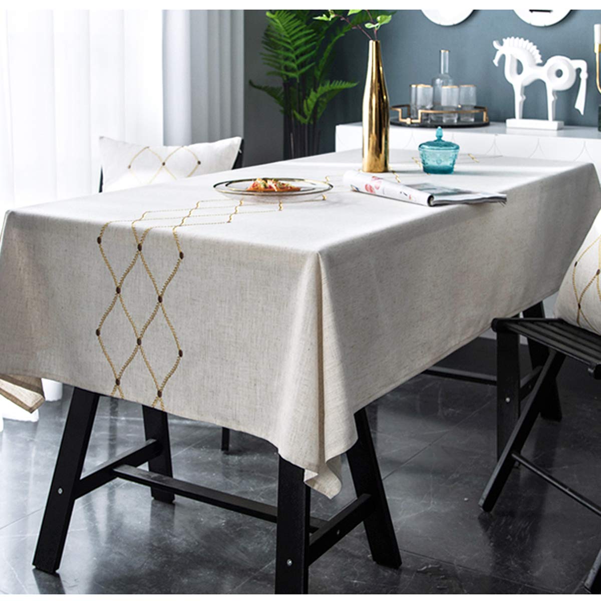 Bringsine Embroidery Geometric Tablecloth Heavy Weight Cotton Linen Fabric Water-Proof Table Cover for Kitchen Dinning Tabletop Decoration (Rectangle, 53 x 102 Inch)