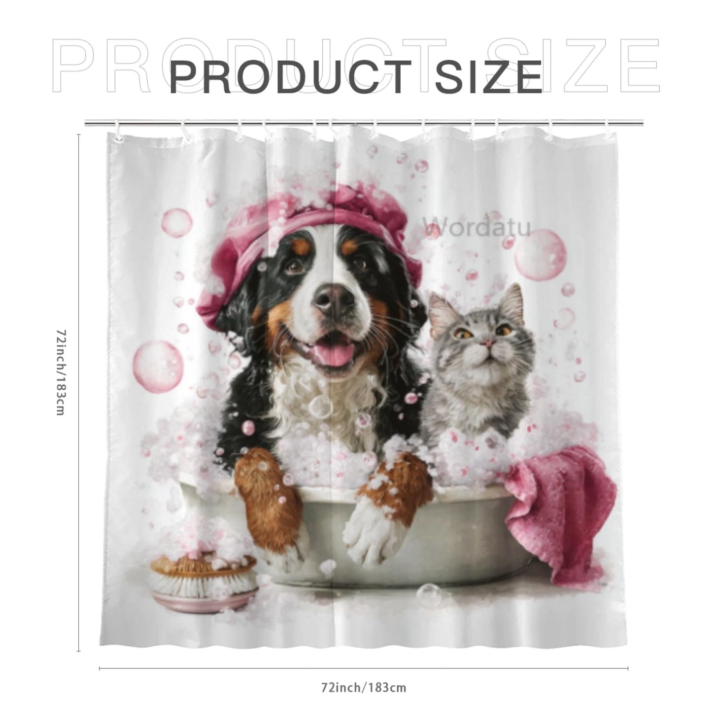 Wordatu Funny Bernese Mountain Shower Curtain Decor Fabric Bathroom Curtains, Kids Children Cartoon Waterproof 72x72 inch with 12 Hooks