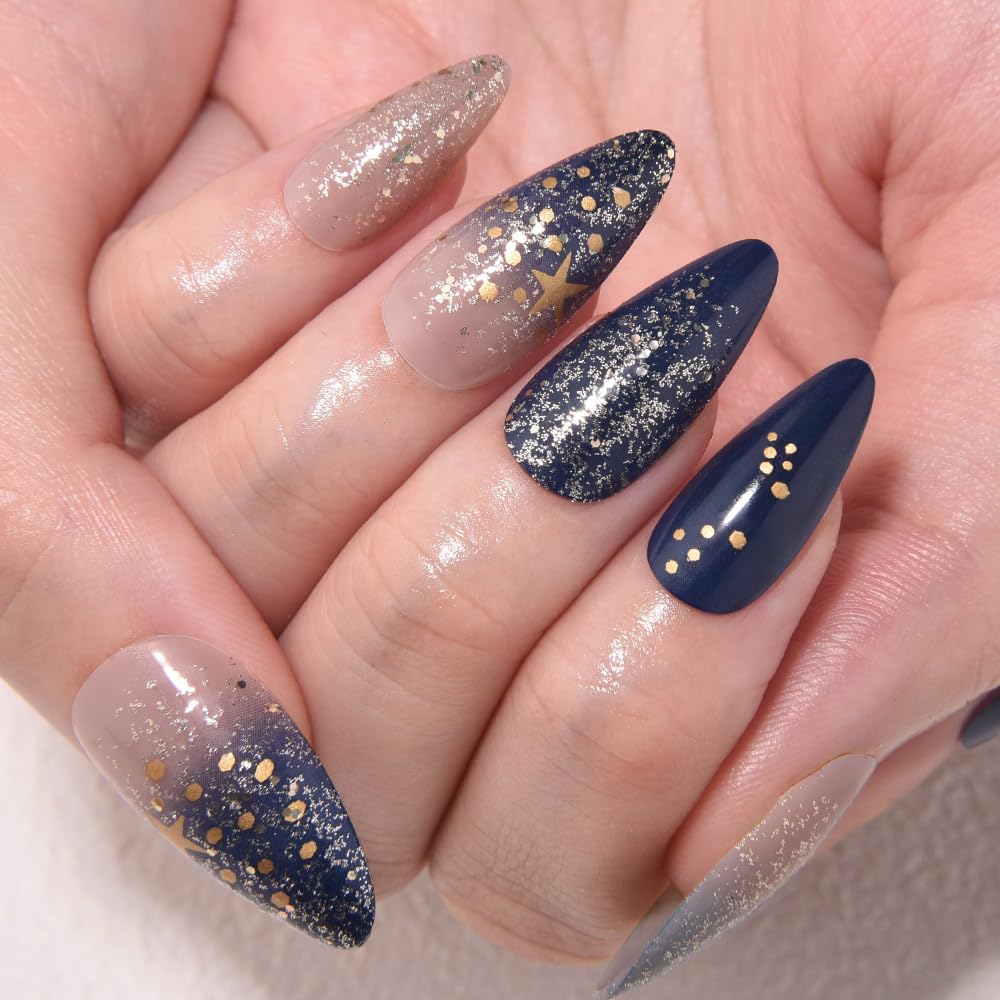 evpct Ombre Blue Press on Nails Medium Almond, Blue Fake Nails with 3D Stars Design, Reusable Perfect Fit Press ons Short False Nail for Women Manicure, Ombre Fake Nail Kit with Kits Gel Stick, 24Pcs