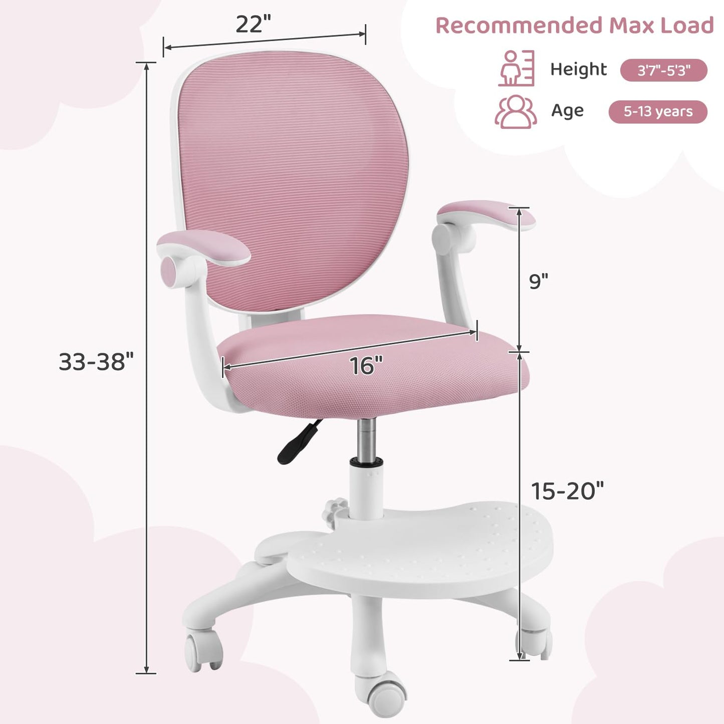 HOMMOW Kids Desk Chair,Ergonomic Study Chairs with Adjustable Height,Breathable Mesh Removable,Non-Slip Footrests,Suitable for Girls Aged 5-12 Years Old,Pink