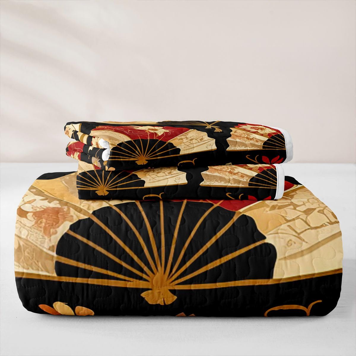 Erosebridal Japanese Folding Fans Quilt Twin Size - Japanese Style Bedspread Cherry Blossoms Bed Coverlet with 1 Pillowcase