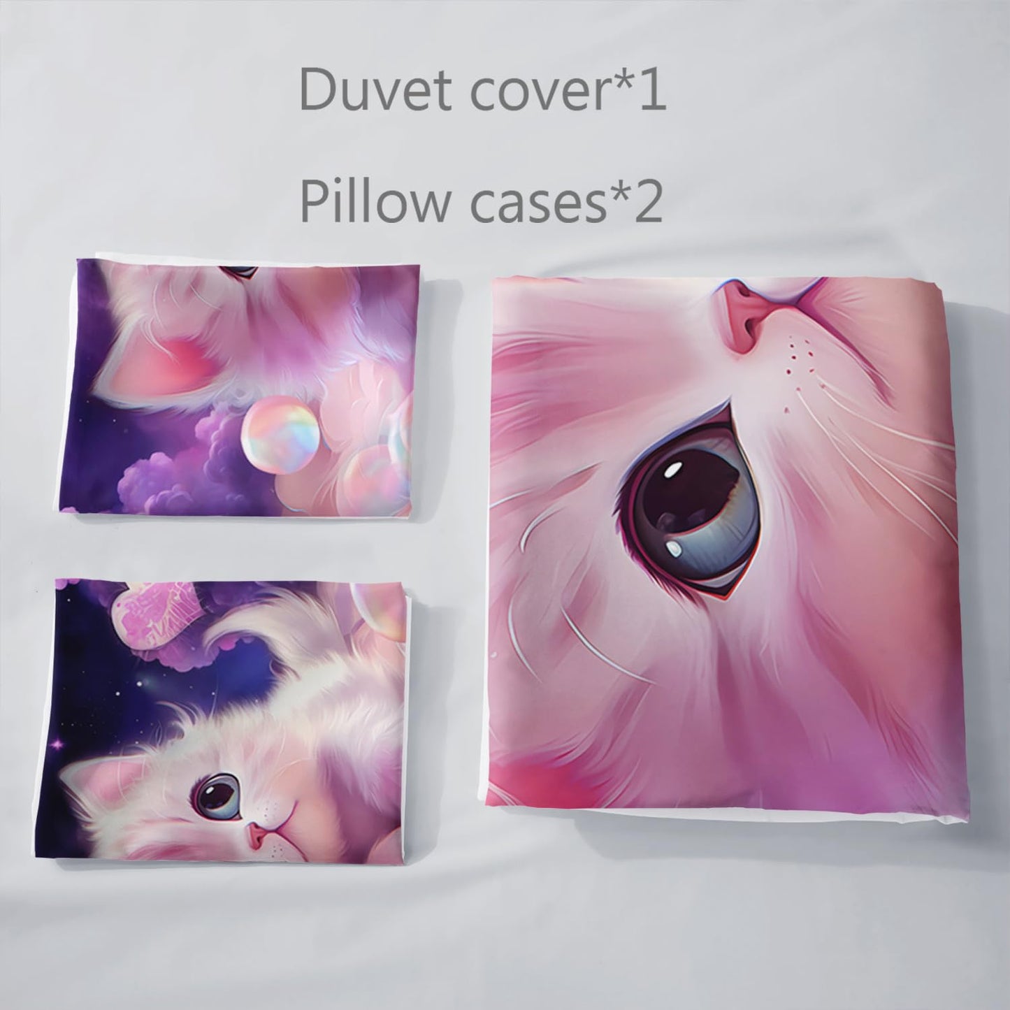AILONEN Girls Cat Duvet Cover Set Full Size, 3 Pieces Kids Bedding Cartoon Comforter Cover Set, Purple Fantasy Pet Bedding Set for Kids Girls, Sky Clouds Quilt Cover and 2 Pillowcases