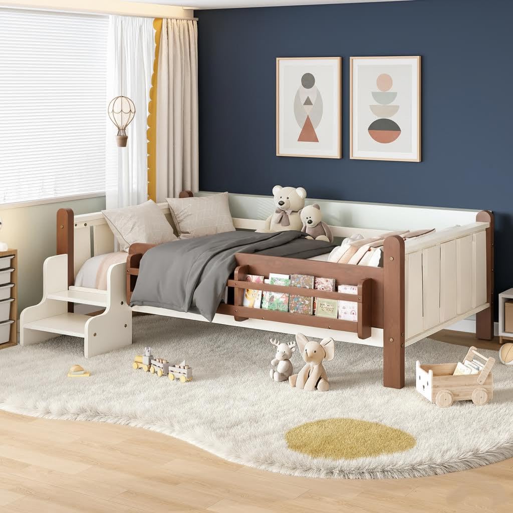LUMISOL Twin Size Montessori Bed with Storage, Kids Low Bed Frame with Storage and Stairs, Wood Twin Size Platform Bed with Guardrail and Shelves, Beige