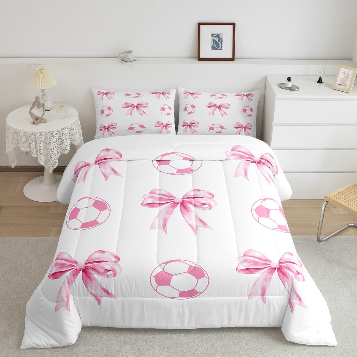 Football Sport Full Size Comforter Sets for Kids,Pink Bow Ball Pattern Bedding Sets Youth Women Teens Child Bedroom Decor,Cartoon Bowknot Soccer 3 PCS Quilt Set,Pink White Girly Duvet Insert