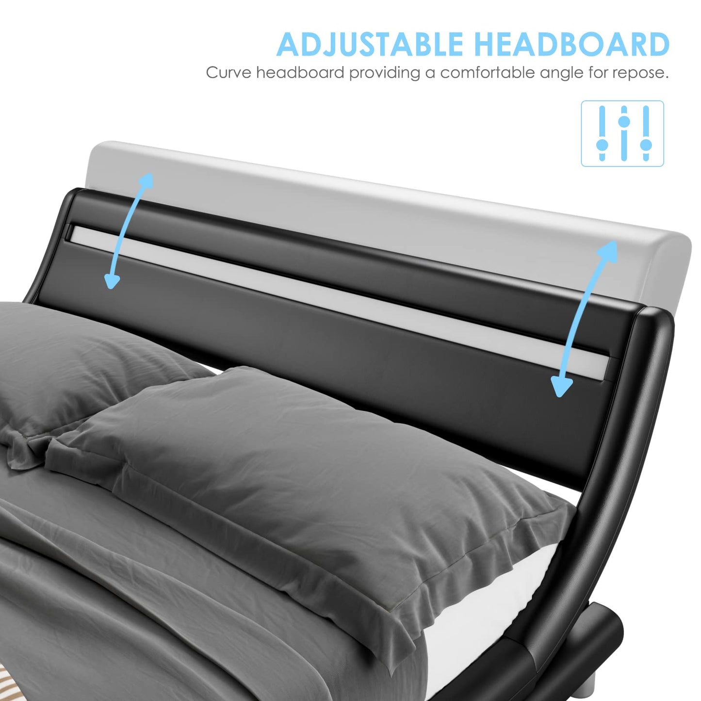 Keyluv Upholstered Full LED Bed Frame with Headboard, Modern Low Profile Platform Bed with Strong Slats Support, Faux Leather Wave-Like Bed Frame, Easy Assembly, No Box Spring Needed, Black