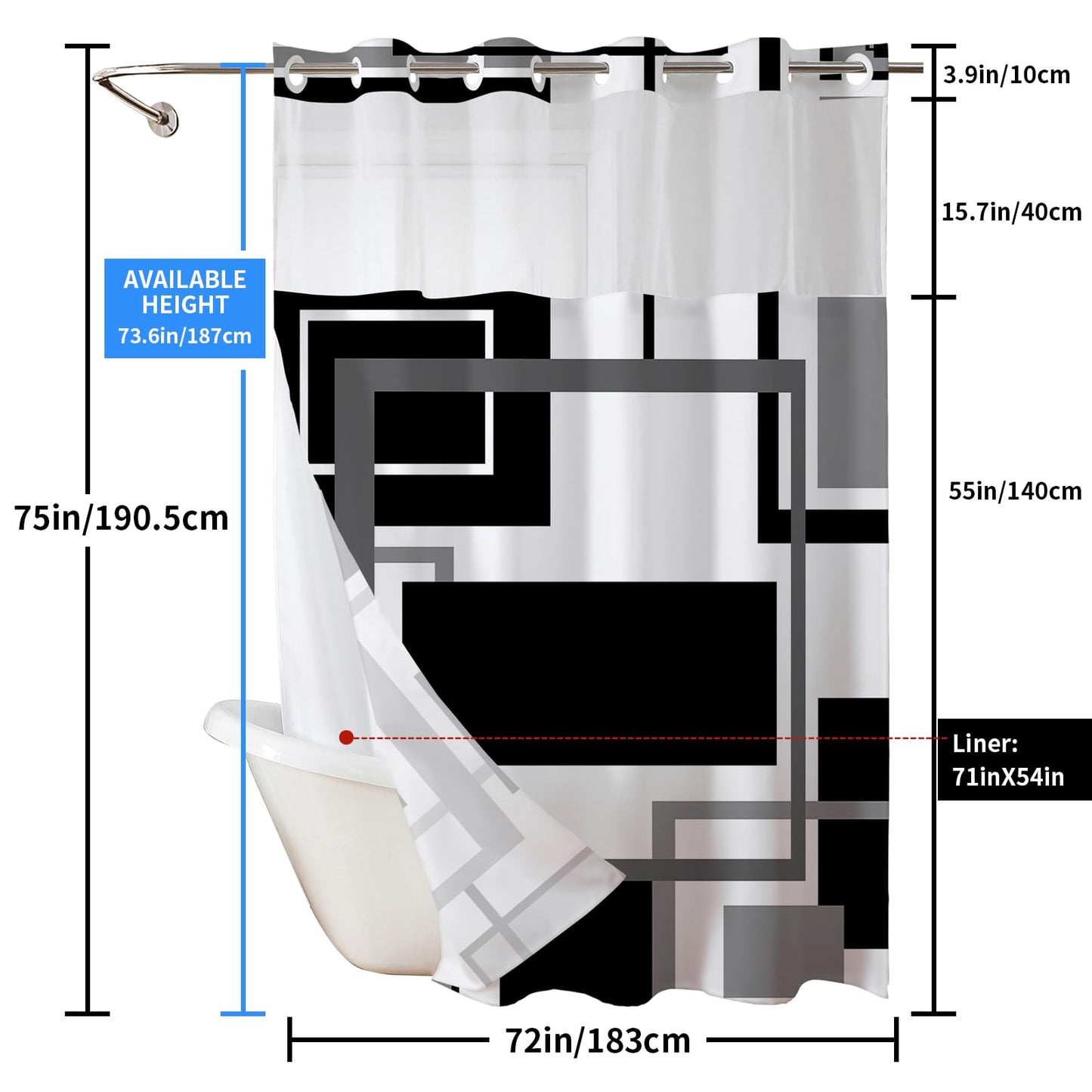 Vostolaiv No Hook Shower Curtain Black Geometric Shower Curtains with Snap in Liner Set Waterproof Polyester Shower Curtains Checkered Vintage Hookless Shower Curtain for Bathroom Tub, 72" X 75"