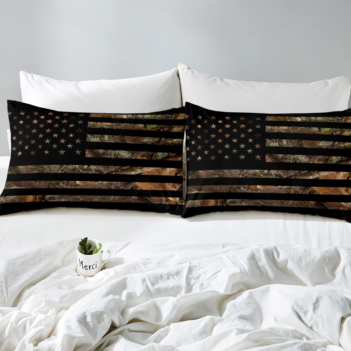 American Flag Camo Bedding Set King,Military Hunting Bed Sheets Rustic Tree Leaves Camouflage Bed Sheet Set for Boys Teens Kids Man Nature Conifer Oak Branches Fitted Sheet & Flat Sheet 3 Pcs