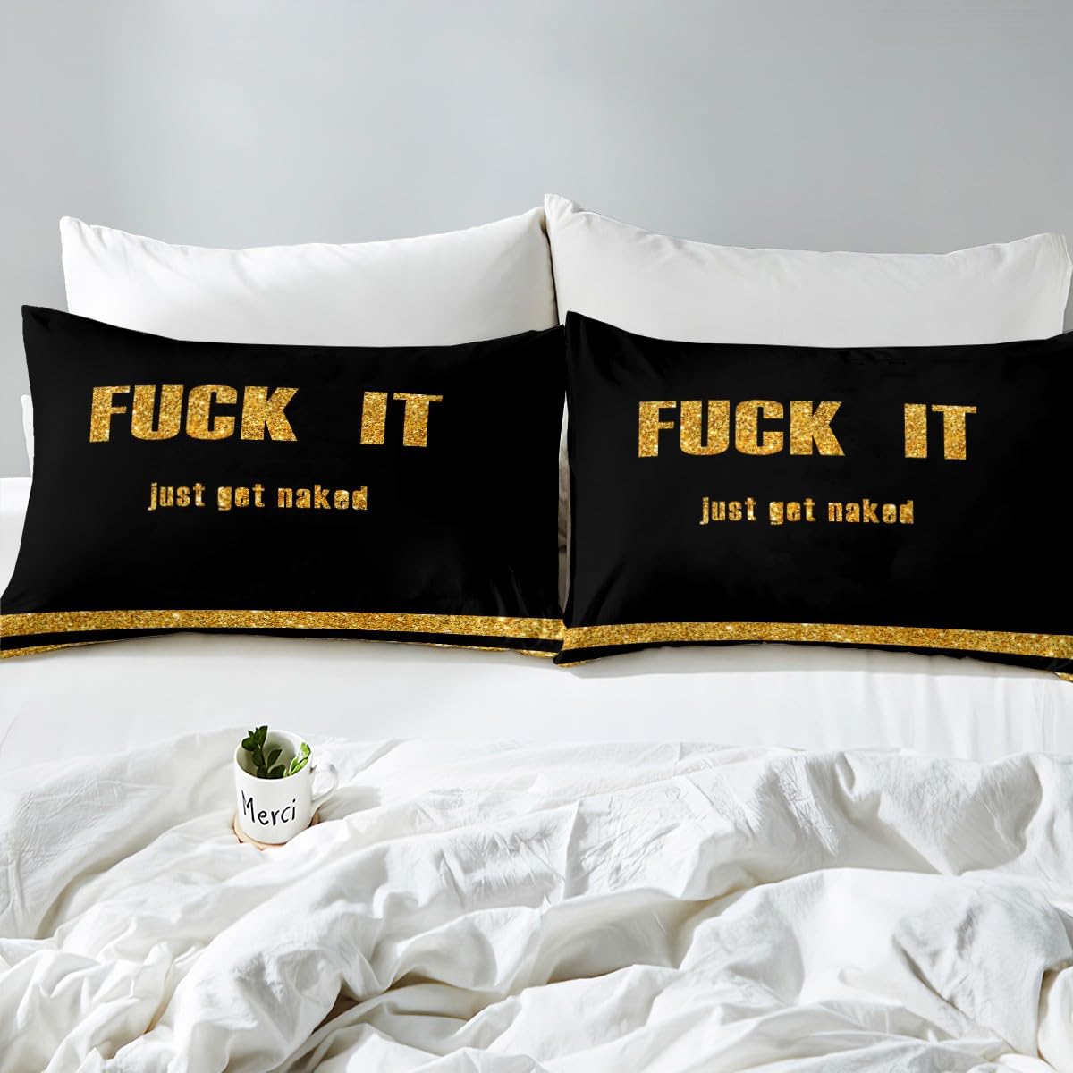 Feelyou Funny Quotes Bedding Set Get Naked Duvet Cover for Men Women Couple Lover Golden Glitter Sequins Comforter Cover Black and Gold Bed Set Bedroom Decor Quilt 3Pcs King Size (No Comforter)
