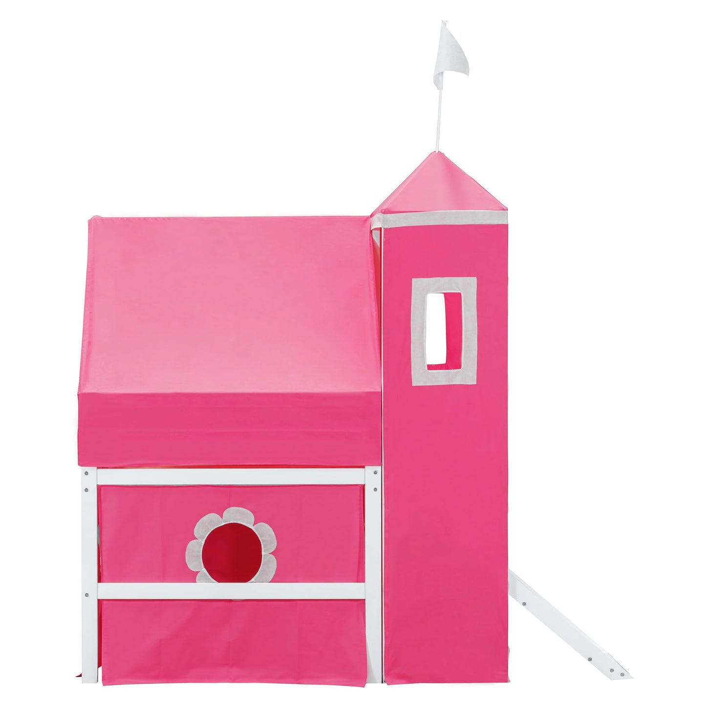 Polibi Castle Loft Bed with Slide & Tent and Tower, Playhouse Design Spacious Under Bed Space with Curtains, Wood Tent Bed Frame for Kids Boys Girls (Pink, Twin)