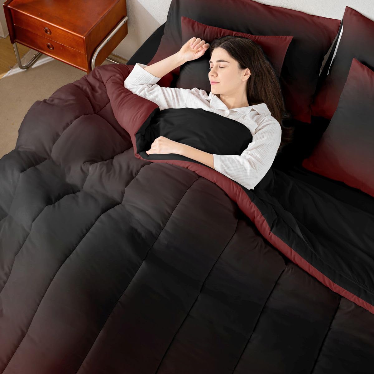 Erosebridal Red and Black 7 Piece Comforter Set Twin Bed in A Bag Ombre Bedding Set for Girls Women Abstract Gradient Sheet Set with Comforter Contemporary Art Duvet Insert
