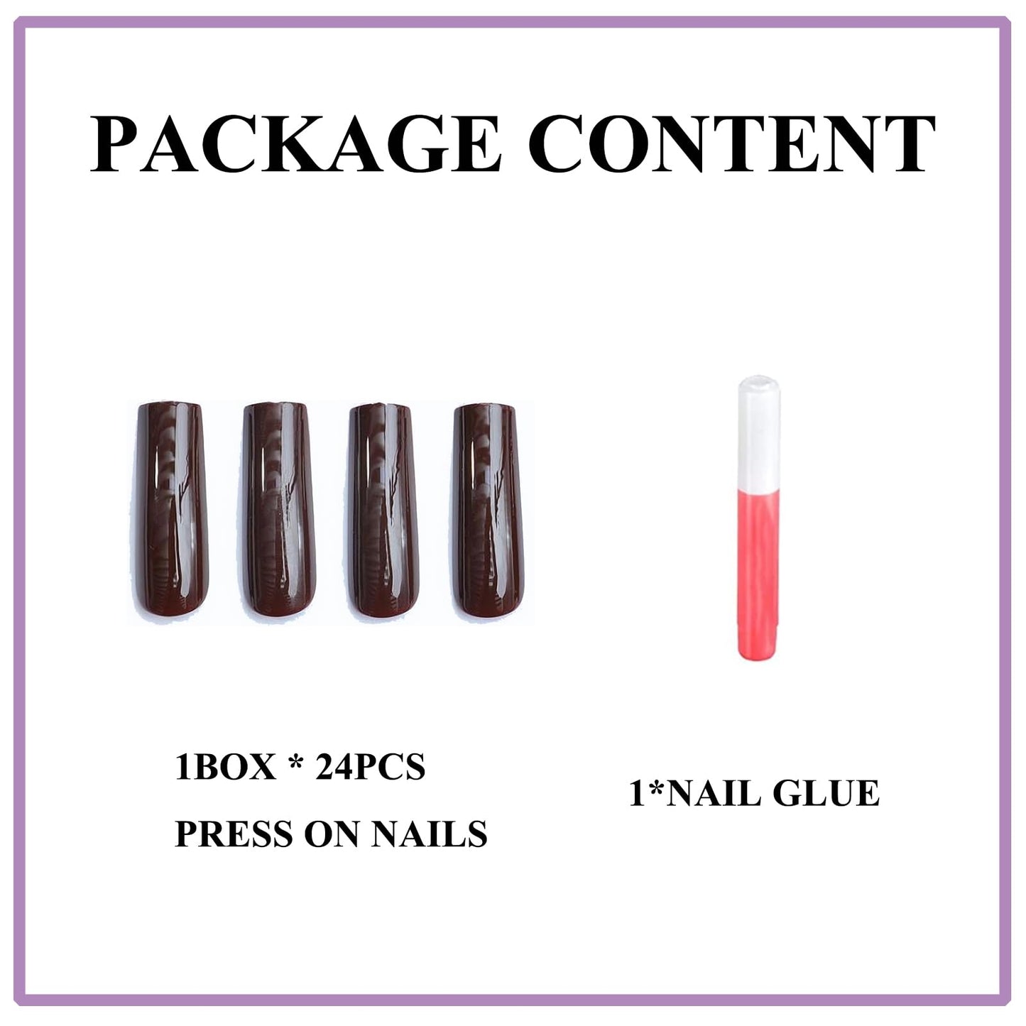 MERVF Long Square Press on Nails Brown Fake Nails Solid Color Glue ons Fall Squoval Acrylic False Nail with Design Glossy 24pcs