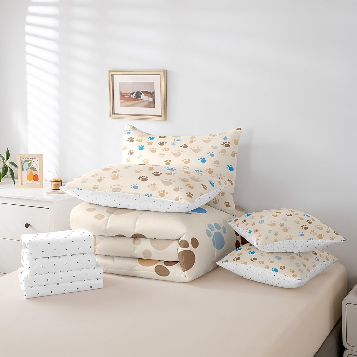 Erosebridal Paw Print 7 Pcs Comforter Set Queen Size Cartoon Footprints Bedding Cute Dog Cat Puppy Feet Print Bed in A Bag for Kids Children Brown Blue Kawaii Pet Bed Set
