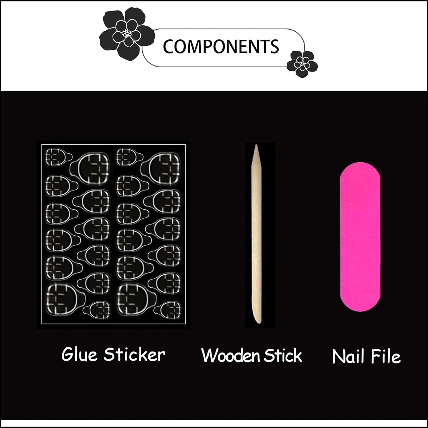Long Press Pink False Nails with Rhinestones Design: Glue on, French Acrylic, Butterfly Flower Full Cover Stick on Nails - 24Pcs