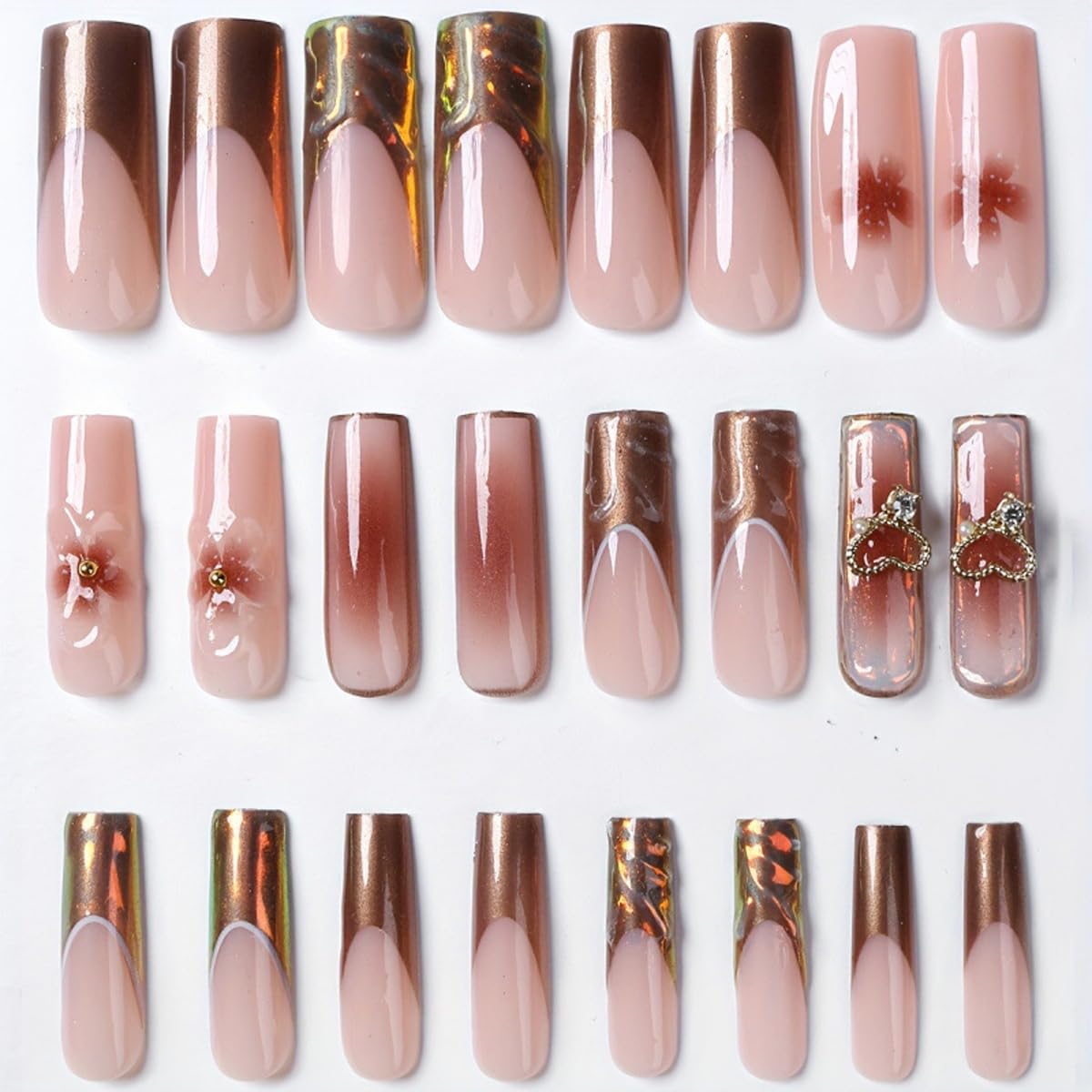 Long Square Press on Nails Chrome Fake Nails French Tip Glue on Nails with 3D Flower, Wave, Heart Charms Designs Full Cover Glossy False Nail Press ons Stick on Nail for Women Manicure 24Pcs