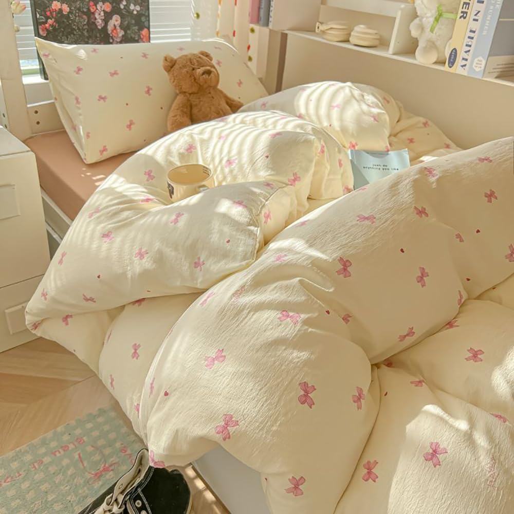 Sedefen Bow Duvet Cover Queen Size Pink Bowknot Duvet Cover Set with Heart Printed 3 Pcs Kids Boys Girls Princess Style Cute Bows Reversible Bedding Set with Zipper Closure