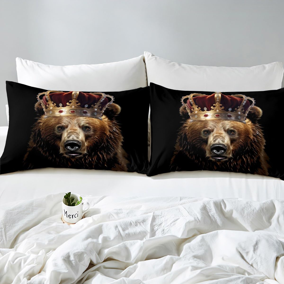 Rustic Bear Duvet Cover Set Full Size,3D Brown Fur Animal Golden Crown Comforter Cover with 2 Pillowcases,African Tropical Wildlife Black Breathable Bedspread for Boys Teens