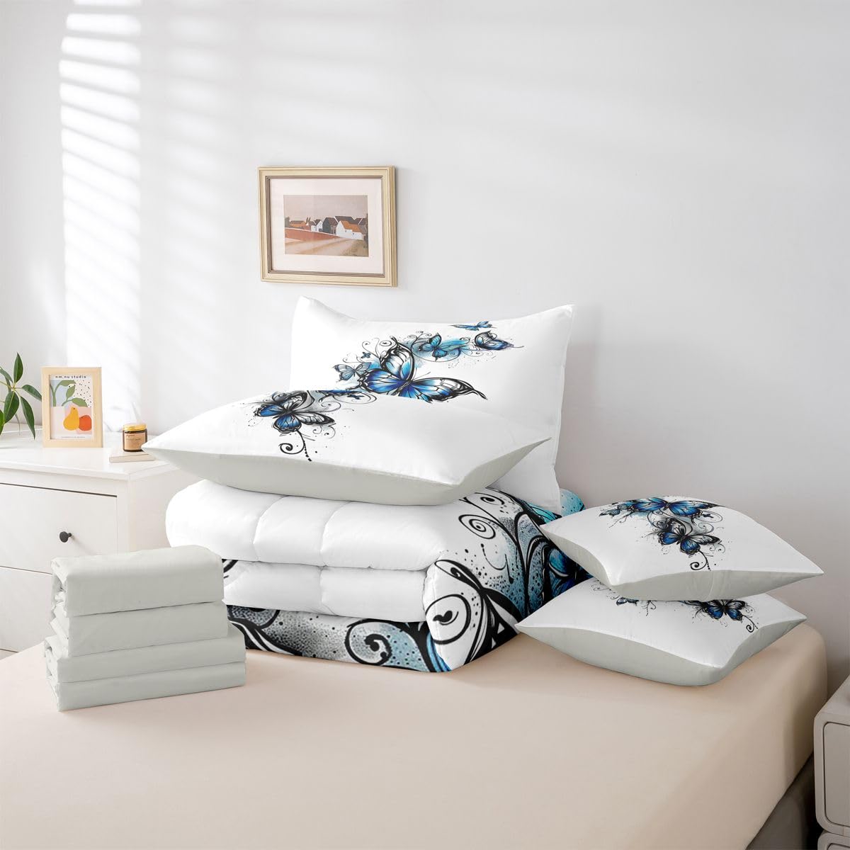 Erosebridal Stained Glass 7 Piece Bedding Set Twin Watercolor Blue Butterfly Comforter Set with Sheets Fresh Floral Lines Bed in a Bag Rococo Scroll Bed Sets Comforter