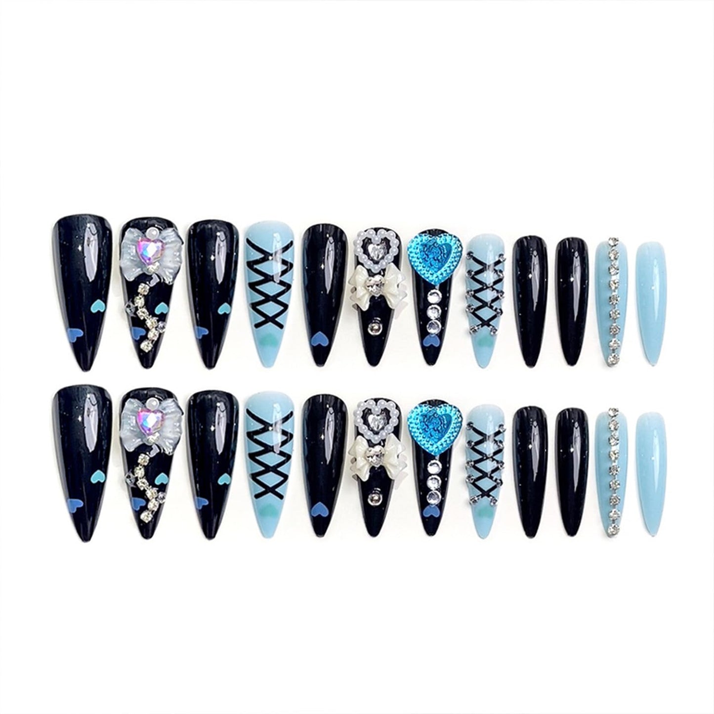SINHOT Stiletto Press on Nails - Long Fake Nails, Glossy Finish, Handmade Luxury Charms & Black Blue, DIY Artificial False Nail Art - 24 Pcs Nail Kit with Glue