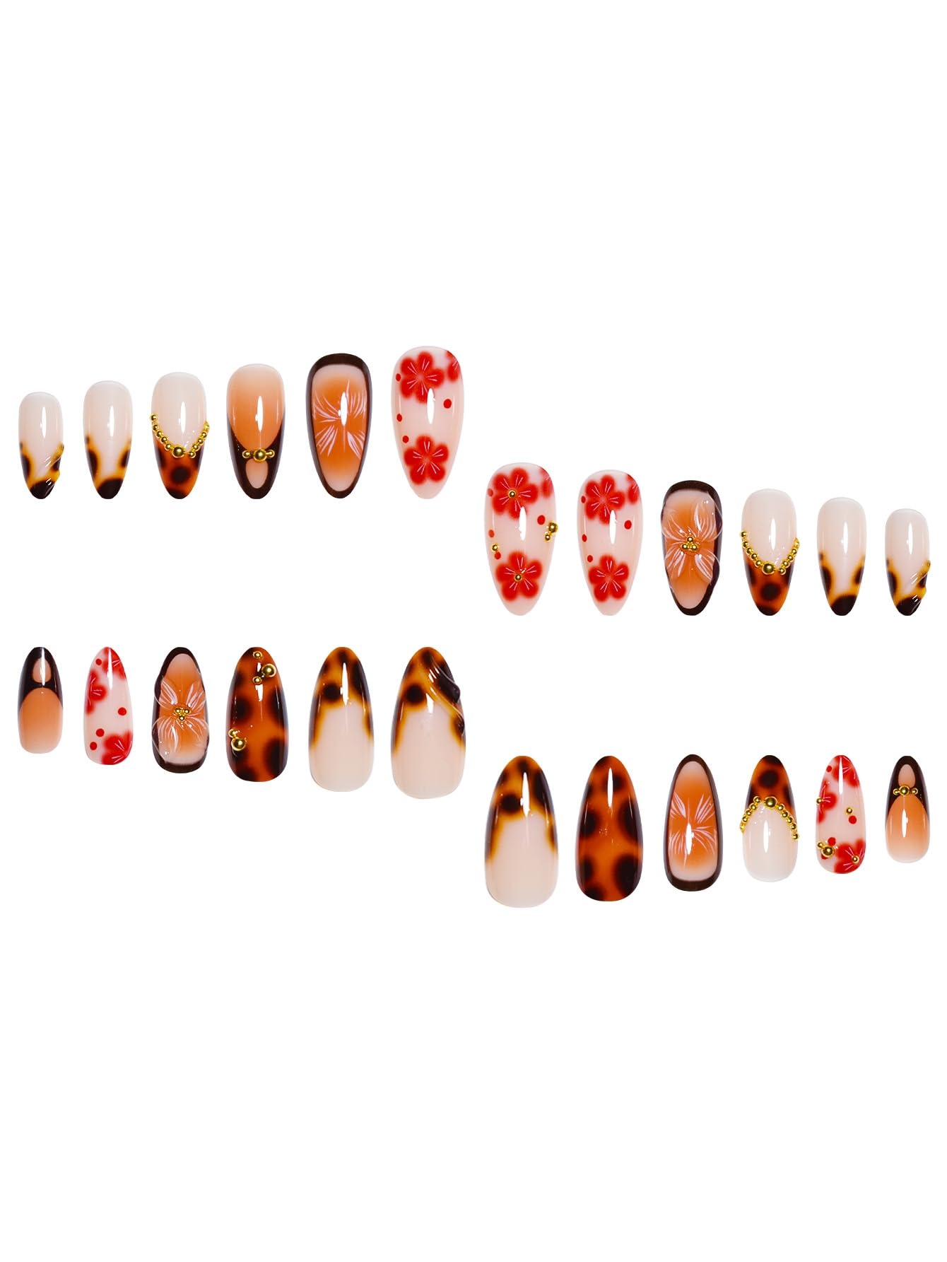 Almond Press on Nails Long Fake Nails Brown Artificial Nail with Tortoise shell and Gold Charm Designs Summer and Fall Cute Acrylic Press ons Red Flowers Handmade Nail 24pcs