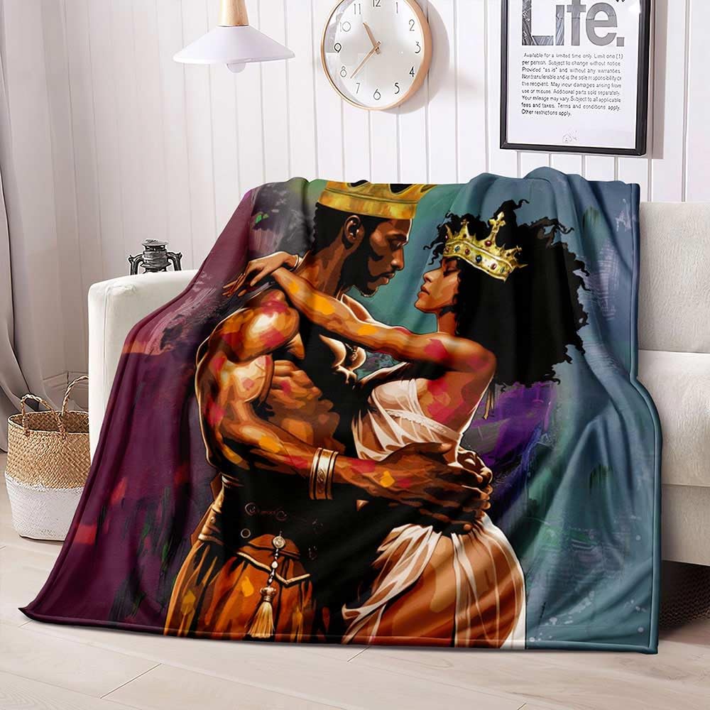 Camille&Andrew African American Throw Blanket, Oil Painting Gold Crown Afro King Queen Black Woman Man Black Couple Blanket, Cozy Soft Flannel Blanket for Couch Sofa Bed, 50"x60"