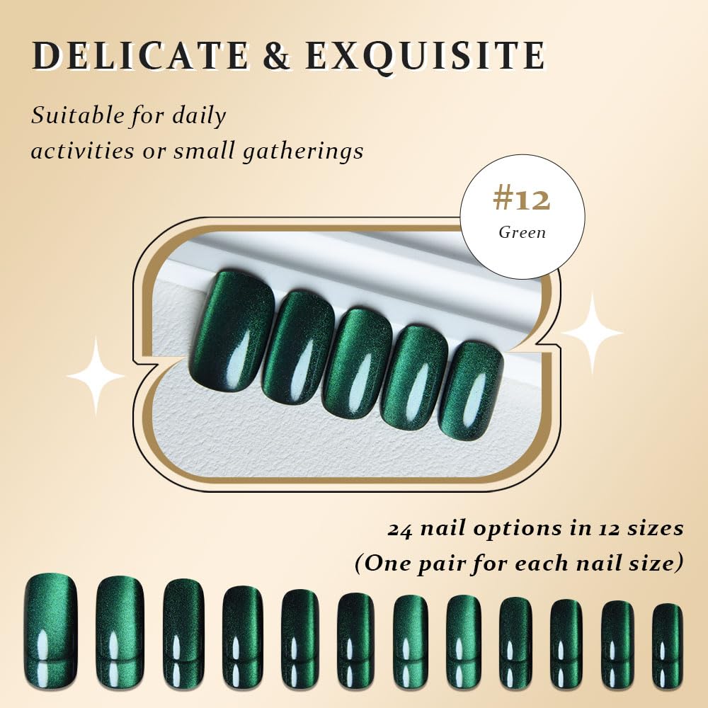 evpct Dark Emerald Green Metallic Cat Eye Press on Nails Square Medium, Stick on Nails Medium Length Square for Women, Green Metallic Nail press ons, Iridescent Glitter Acrylic Fake Press on Nail