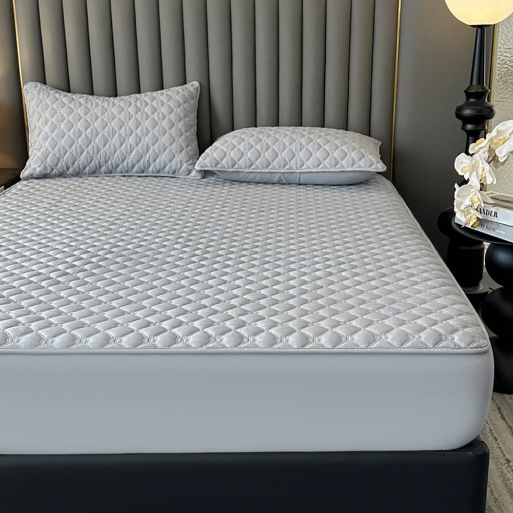 ZIQINPSQ Gingham Fitted Sheet Full Size - 18" Deep Pocket Cotton Quilted, Non-Slip Skincare Bed Sheet,Light Grey