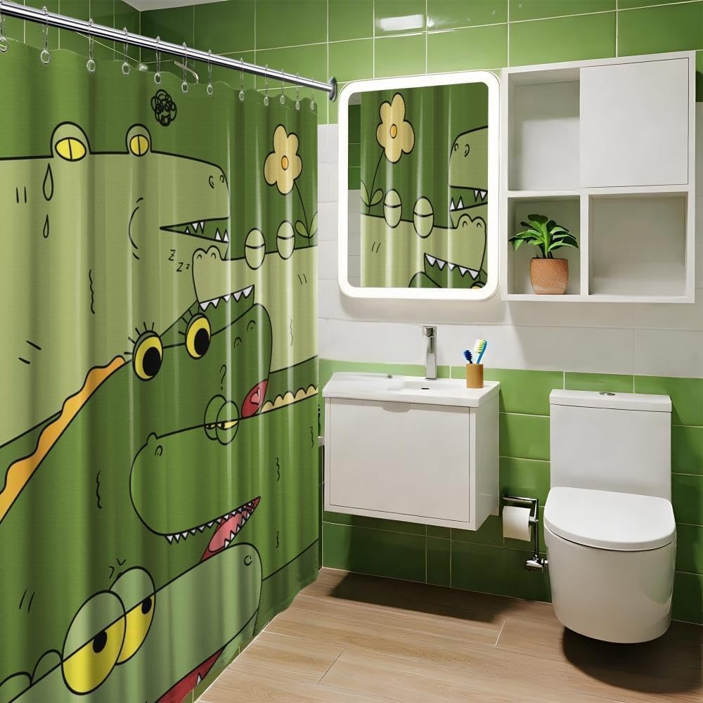 dueeia Alligator Shower Curtain for Kids Funny Cartoon Animal Green Crocodile Shower Curtains for Bathroom Decor Sets, Waterproof Fabric with Hooks, Waterproof Fabric 70 x 72 inch with Hooks