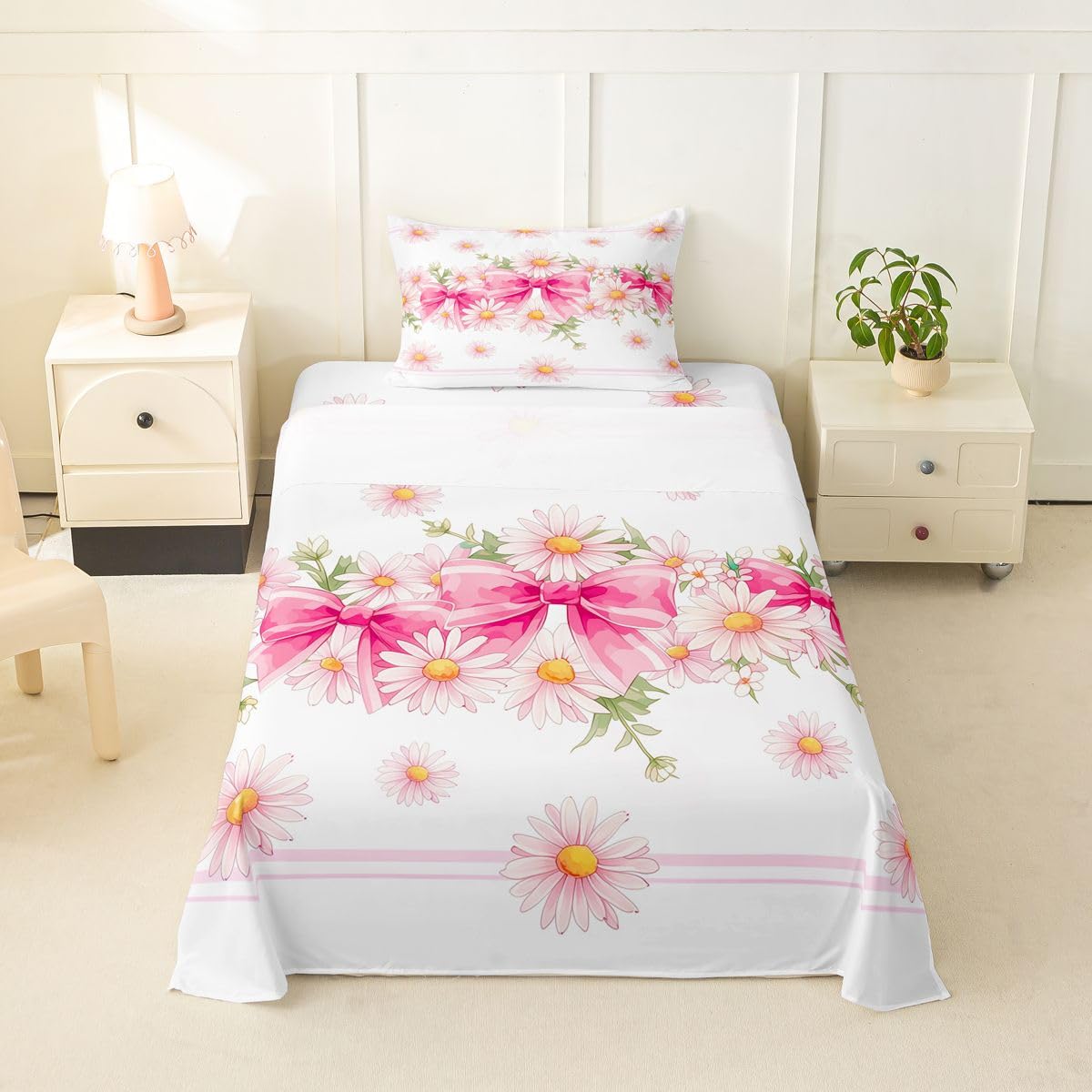 Erosebridal Gradient Pink Daisy Sheet Set Watercolor Ribbon Bows Flowers Twin Sheets Set for Tween Boys Girls,Kawaii Cute Bowknot Flower Cartoon Bow Tie Floral Boho Fitted Sheet