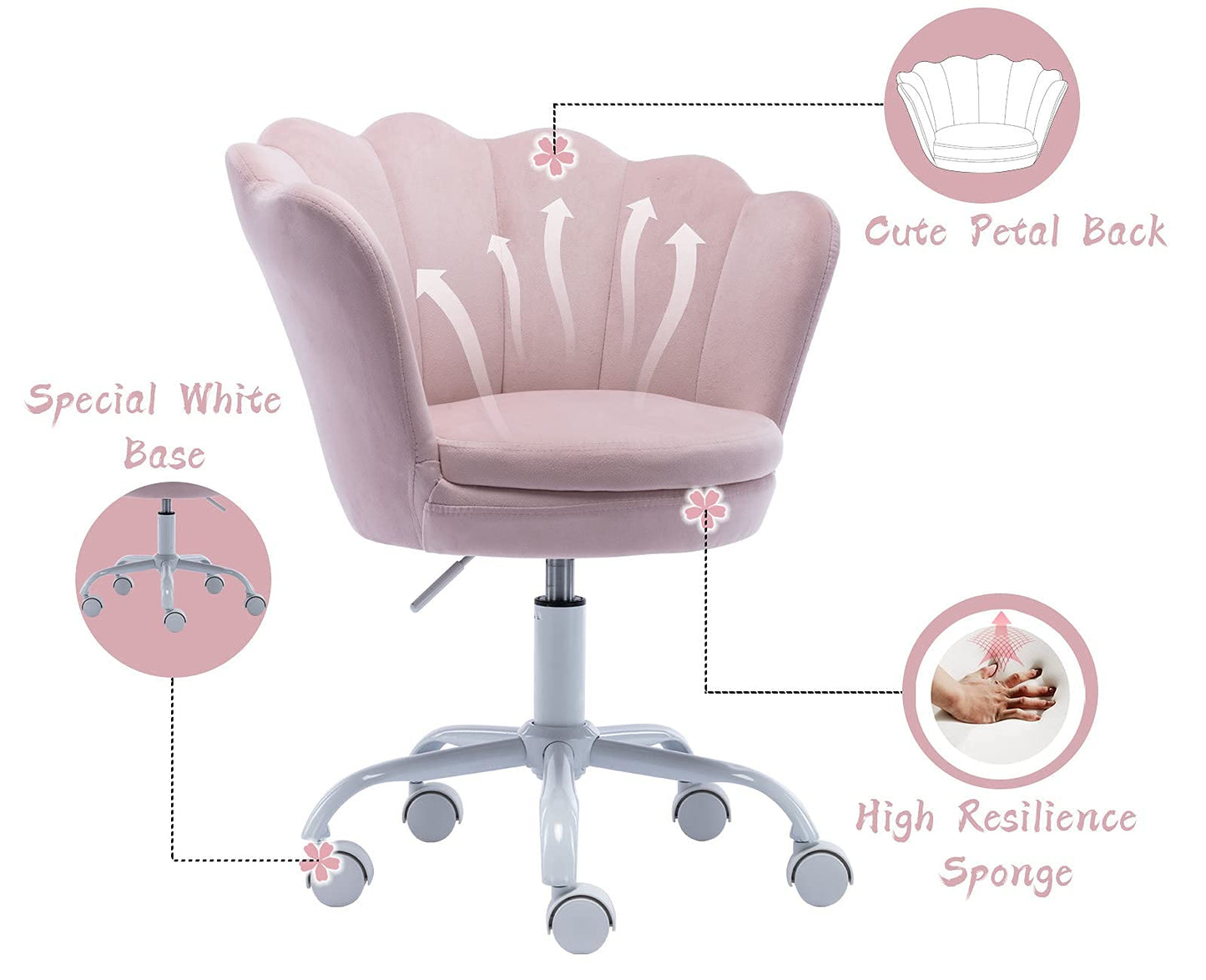 chairus Cute Kids Desk Chair Velvet Living Room Accent Armchair Upholstered Teens Vanity Chair with Seashell Back, Adjustable Swivel Children Study Chair for Computer Homework, Pink