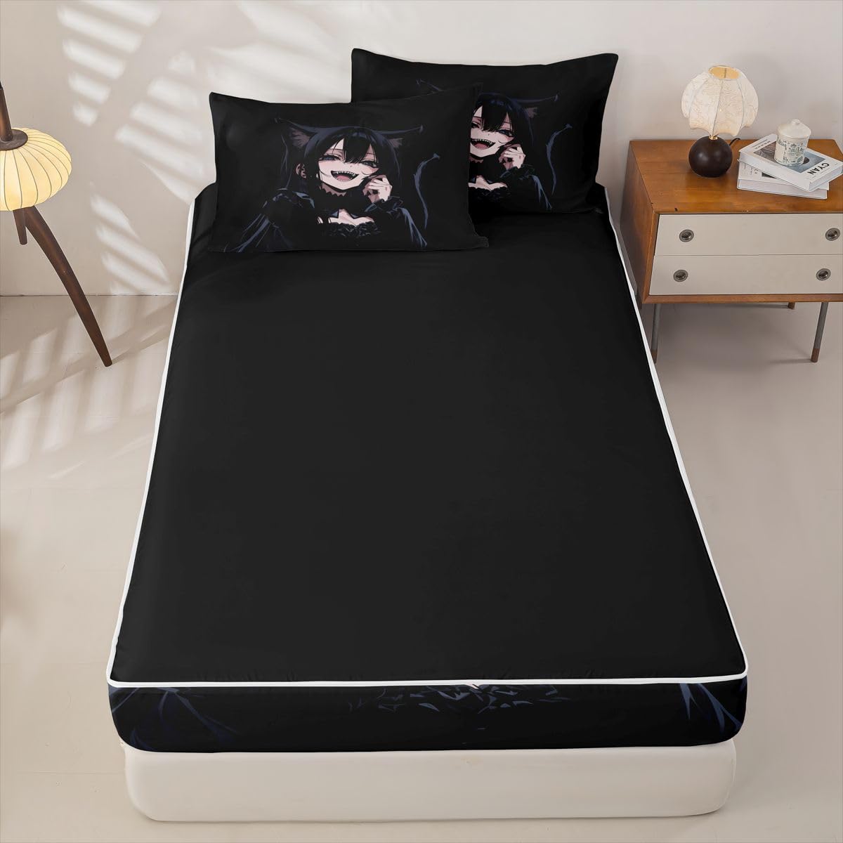Erosebridal Anime Girl Zipper Bedding Twin Size, 3D Japanese Kids Comforter Set - Gothic Style Cat Girls Zip Up Comforter Bed in A Bag