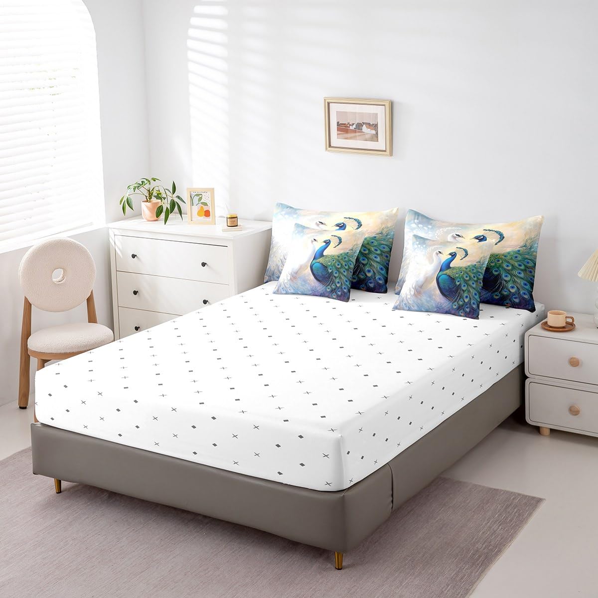 Erosebridal Peacock Couple Bedding Set for Kids Teens,Couple Lover Comforter Set King Size,Elegant Birds (Comforter+Fitted+Flat Sheet+2 Pillowcases+2 Throw Pillow Covers) 7 Pieces Bed Set