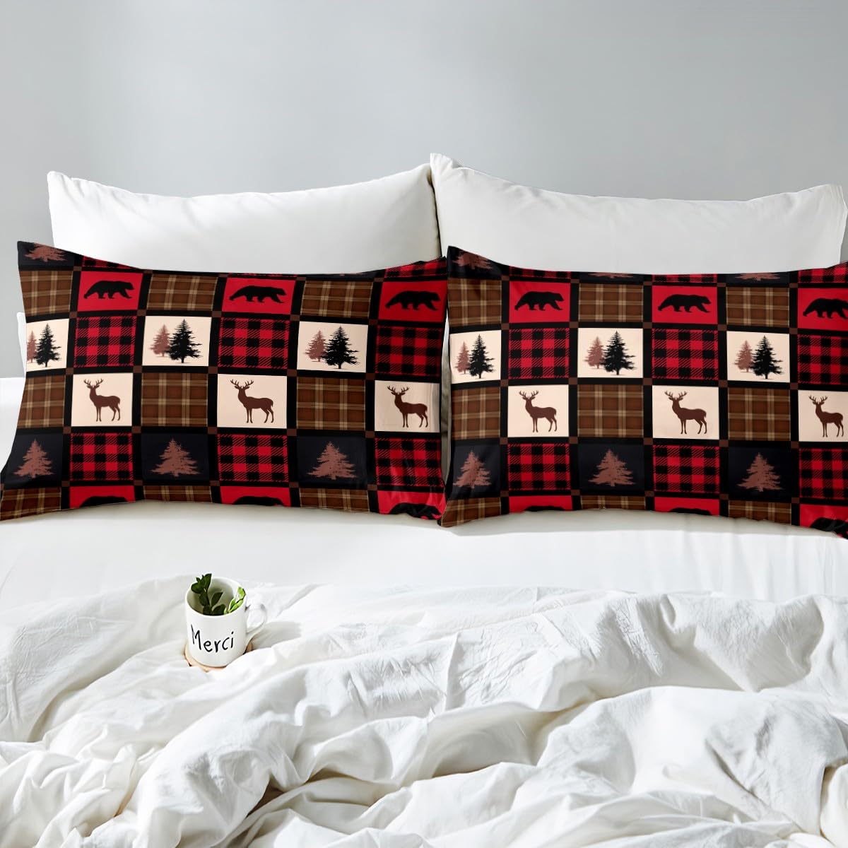 Erosebridal Rustic Deer Bed Sheets for Kids Teens Adult,Hunting Deer Patchwork Sheet Set Full,Retro Burgundy Buffalo Plaid Check Bedding,Hunting Animal Wildlife Flat Fitted Sheet with 2 Pillowcases