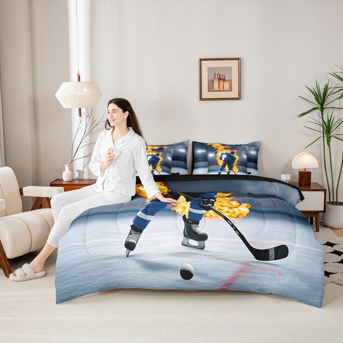 Erosebridal Teens Ice Hockey Bed in A Bag 7 Piece Puck Comforter Set Twin Size Sports Games Bedding Sets for Kids Teens Boys Girls Winter Match Grunge Sheet Set