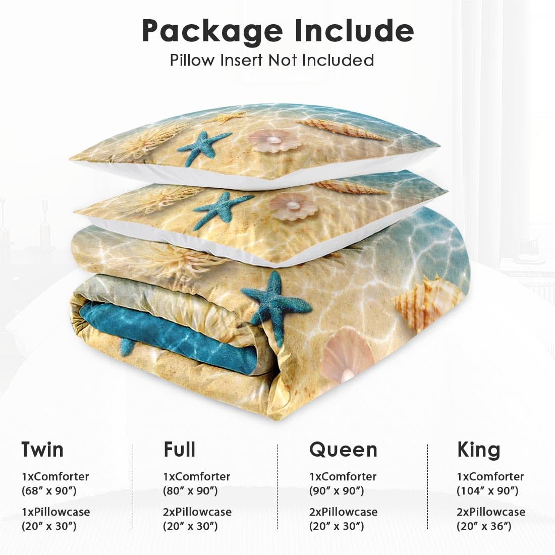 WeCozy Queen Size Comforter Set with 2 Pillowcases, Summer Marine Seashell Starfish Beach Ocean Soft 3 Pcs Bedding for Kids and Adults Bedroom Bed Decor