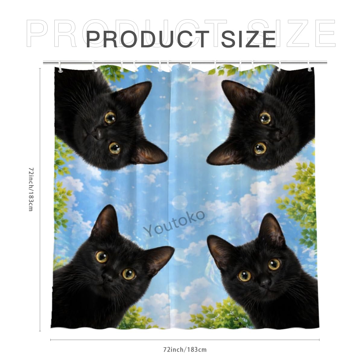 Youtoko Cute Black Cat Bathroom Decor Shower Curtain 72x72 Inch with 12 Hooks Blue Sky Nature Animal Waterproof Washable Polyester