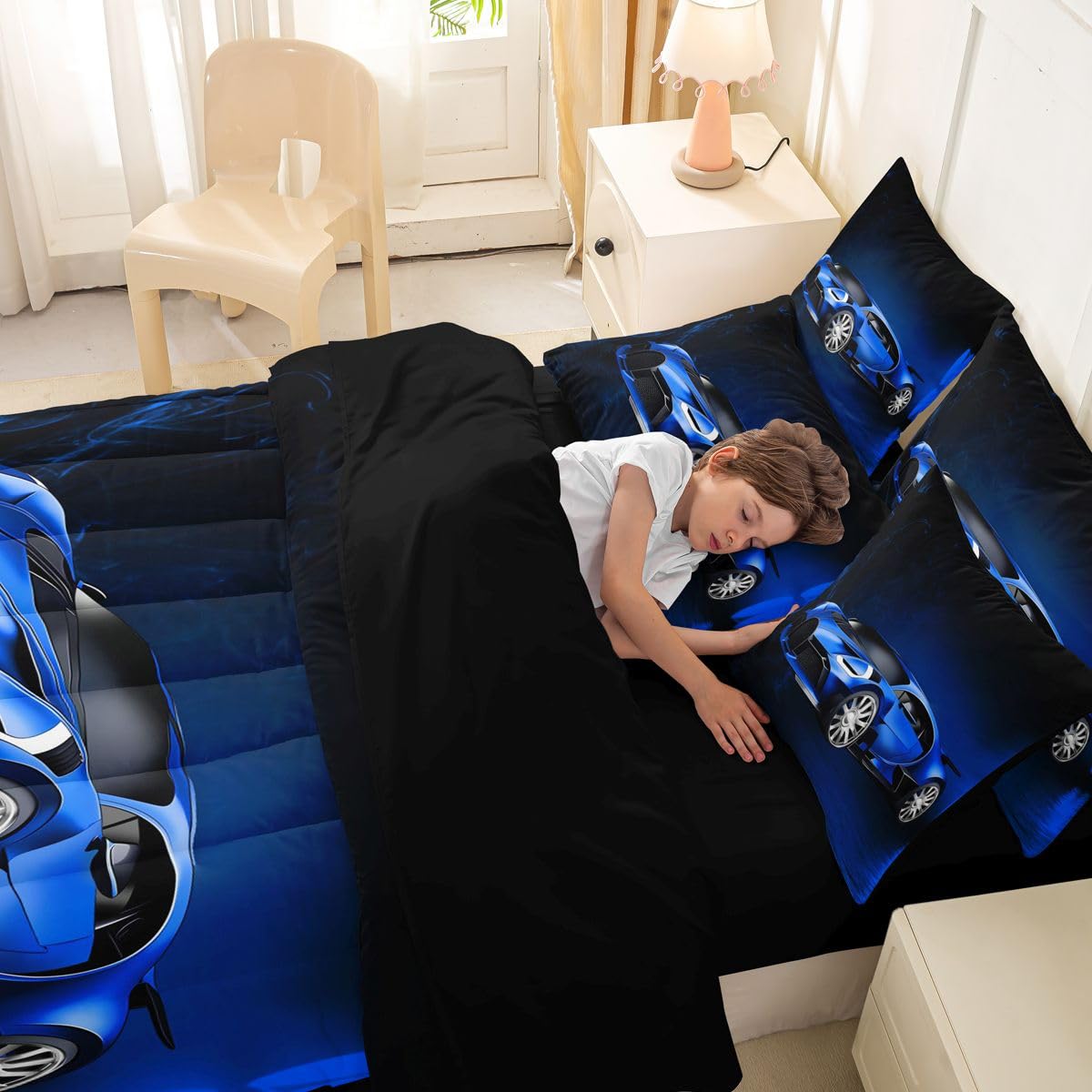 Feelyou Sports Car 7 Piece Bedding Set Blue Race Car Comforter Set with Sheets for Kids Boys Girls Extreme Sports Theme Bed in a Bag Cool Speed Luxury Car Decor Bed Set with 2 Pillowcases Queen