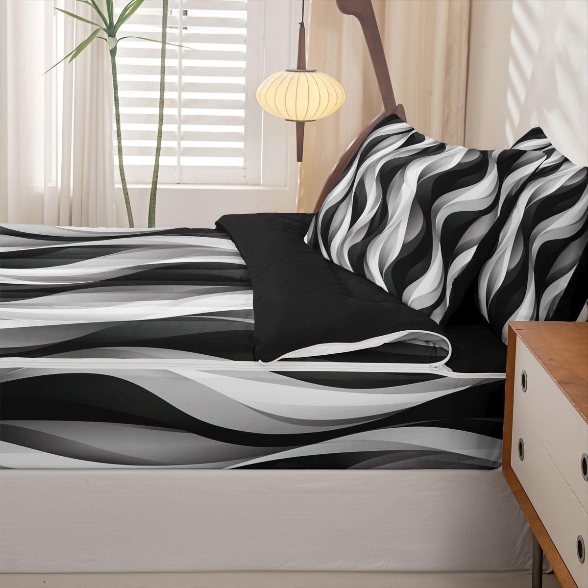 Erosebridal Modern Grey Black and White Striped Zipper Bedding for Adult Women Men - Gray and White Twin Size Comforter Set Graffiti Lines Sheets and Pillowcases Abstarct Modern Zipper Bedding Set
