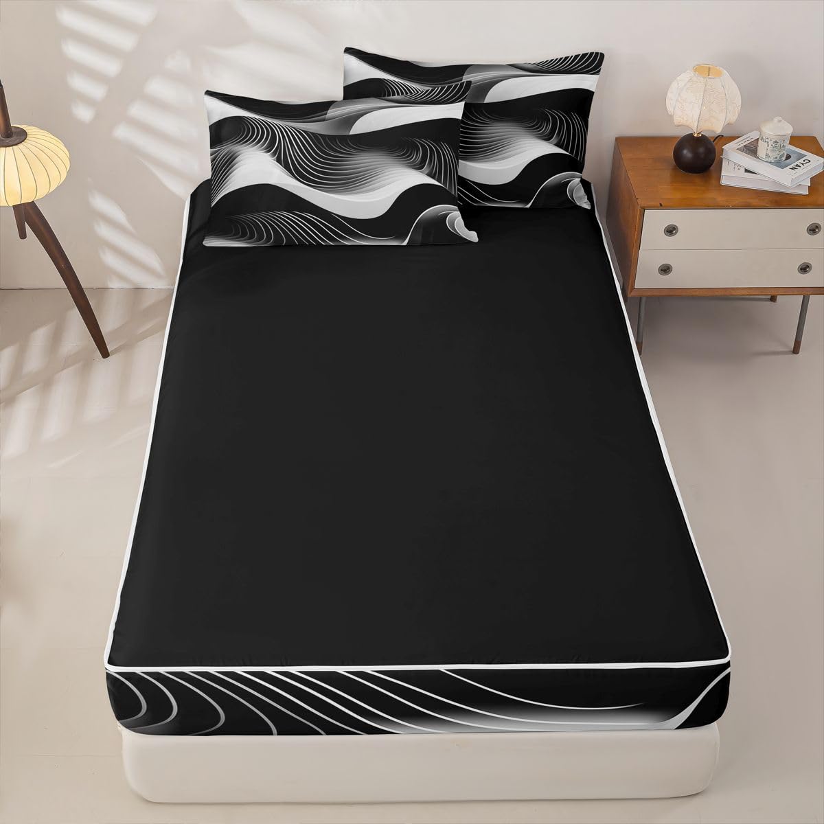 jejeloiu Abstract Art Full Zipper Bedding Set Wavy Contour Lines Kids Comforter Set with Fitted Sheet and 2 Pillowcases Geometric Modern Bed in a Bag Zip Up Bedding Soft Microfiber