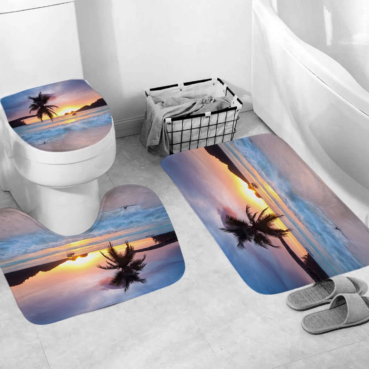 DDS-DUDES Beach Sunset Shower Curtain for Bathroom, Ocean Sunrise Tropical Palm Tree Scenery Waterproof Polyester Curtains 71WX71H Inch 12 Pack Hooks (Sunset 5)