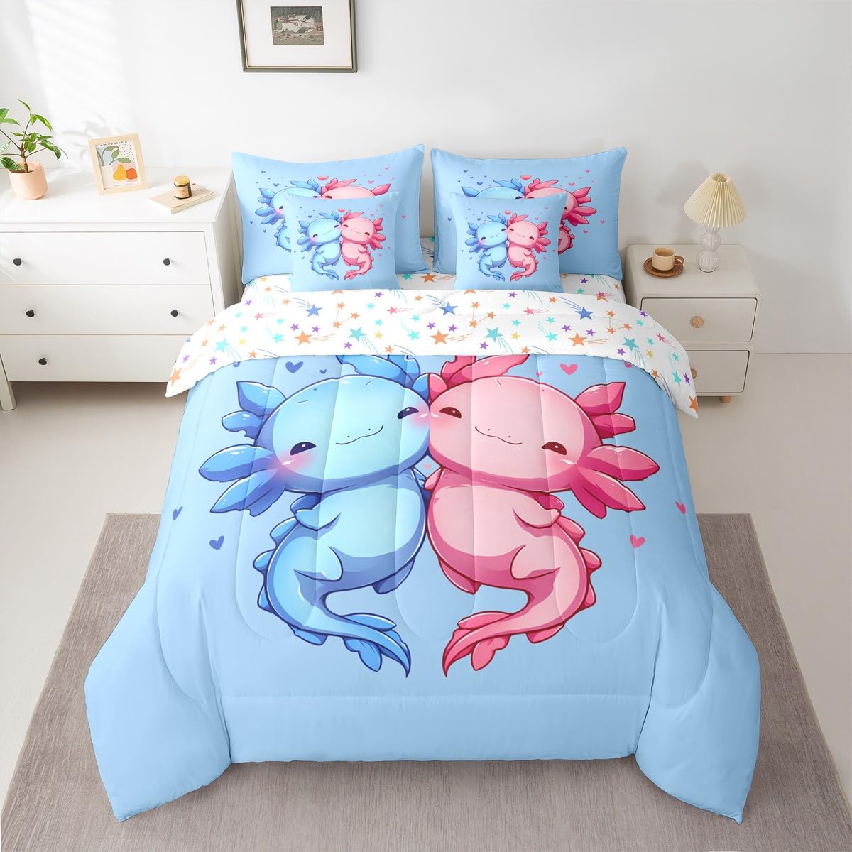Cartoon Axolotls Queen Comforter Set Pink Blue Cute Axolotls Bed in a Bag with Flat and Fitted Sheet for Girls Boys Kids Coastal Ocean Animal 7-Piece Bedding Set Cartoon Love Heart Quilt Duvet Sets