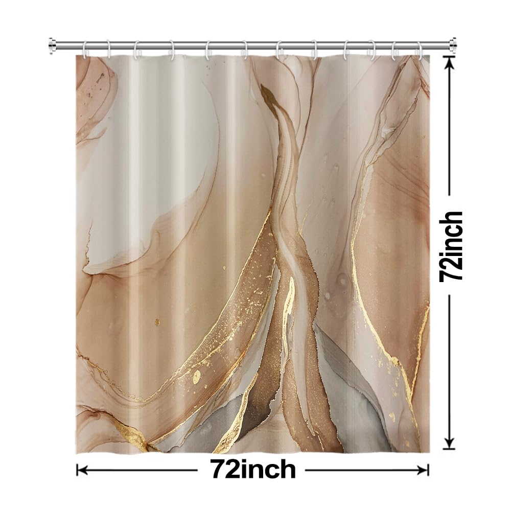 Ruelvth Brown Shower Curtain, Modern Brown Gold Grey Marble Shower Curtain for Bathroom Aesthetic Ink Texture Waterproof Shower Curtain Set with Hooks, 72x72 Inch