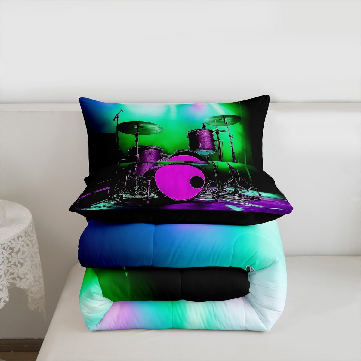 Erosebridal Drum Kit Comforter Set Queen Music Themed Bedding Set Rock Musical Instruments Comforter for Kids Boys Girls,Colorful Glitter Quilt Duvet